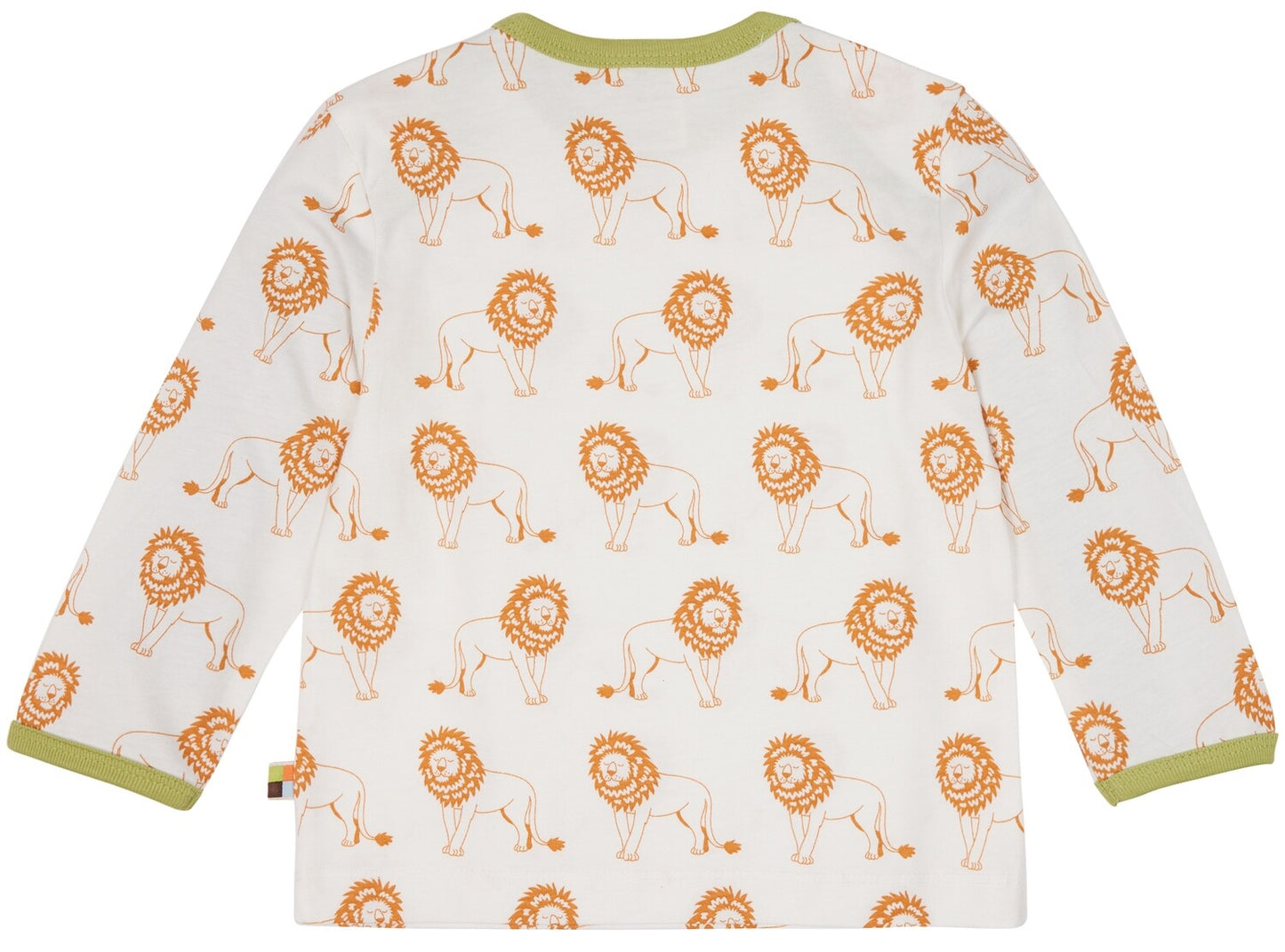 vaikiški marškinėliai ilgomis rankovėmis, baltis u oranžiniais liūtais ir žaliomis detalėmis.