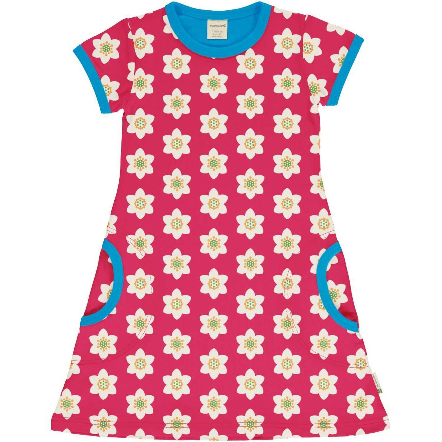 vaikiška suknelė trumpomis rankovėmis, ryškiai rožinė su šviesiomis gėlytėmis