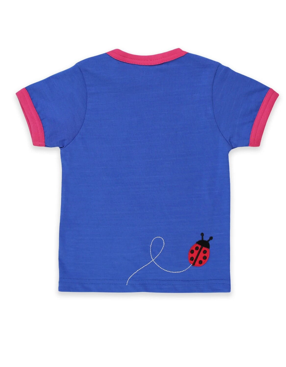 Ryškiai mėlyni vaikiški marškinėliai trumpomis rankovėmis, su aplikacijomis