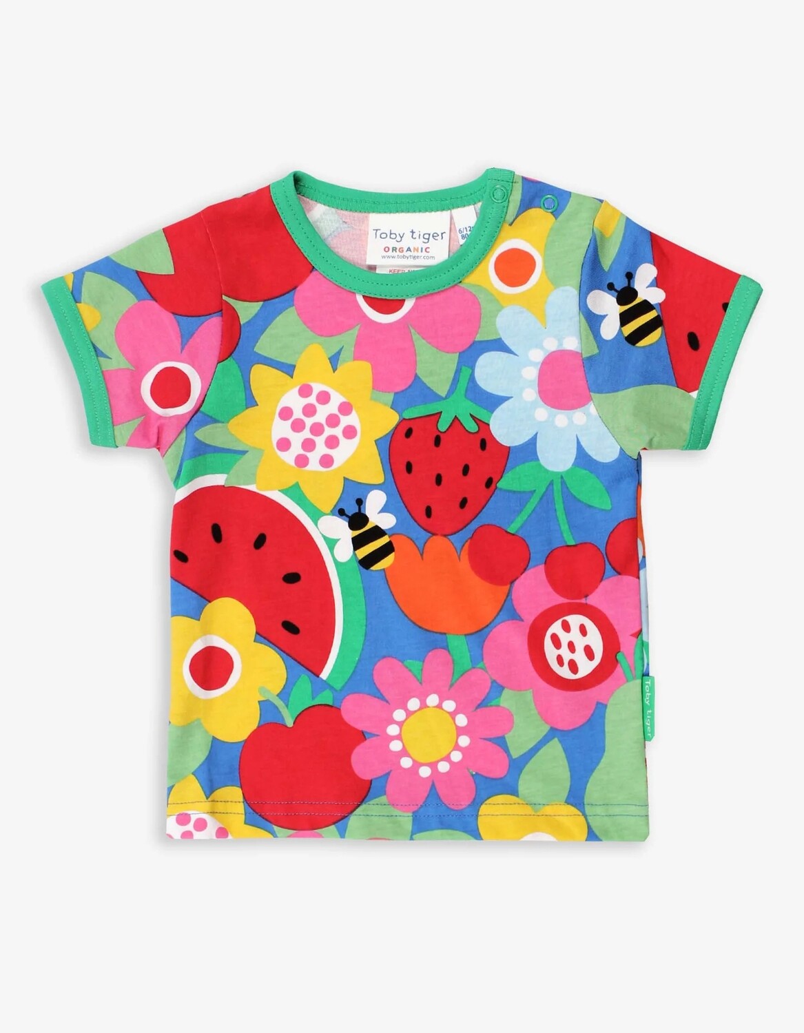 Vaikiški marškinėliai trumpomis rankovėmis iš GOTS sertifikuotos organinės medvilnės. Marginti įvairiais vaisiais, gėlėmis ir bitutėmis.