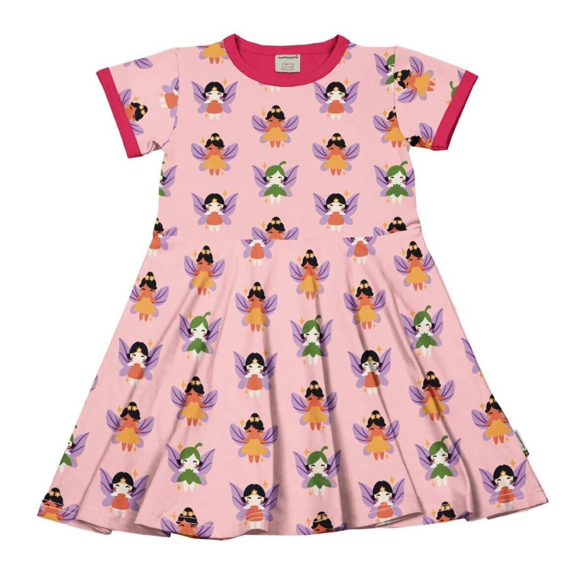 Miela, mergaitiška vasarinė suknelė iš GOTS sertifikuotos organinės medvilnės, trumpomis rankovėmis. Šviesiai rožinė, marginta žaismingomis fėjomis.