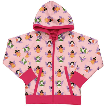 Rožinis dvipusis vaikiškas džemperis margintas fėjų raštu. Su kapišonu ir kišenėmis.