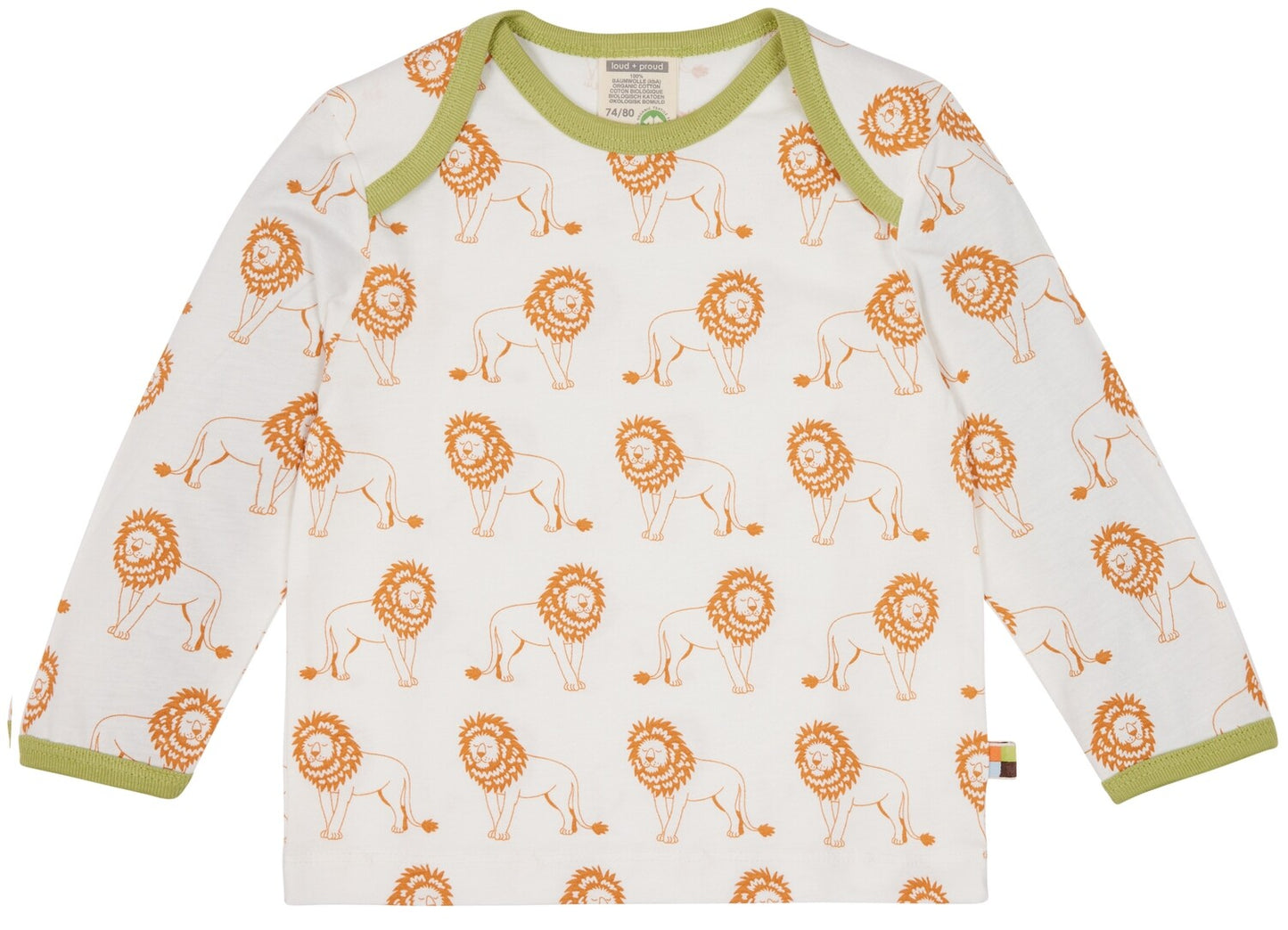 vaikiški marškinėliai ilgomis rankovėmis, baltis u oranžiniais liūtais ir žaliomis detalėmis.