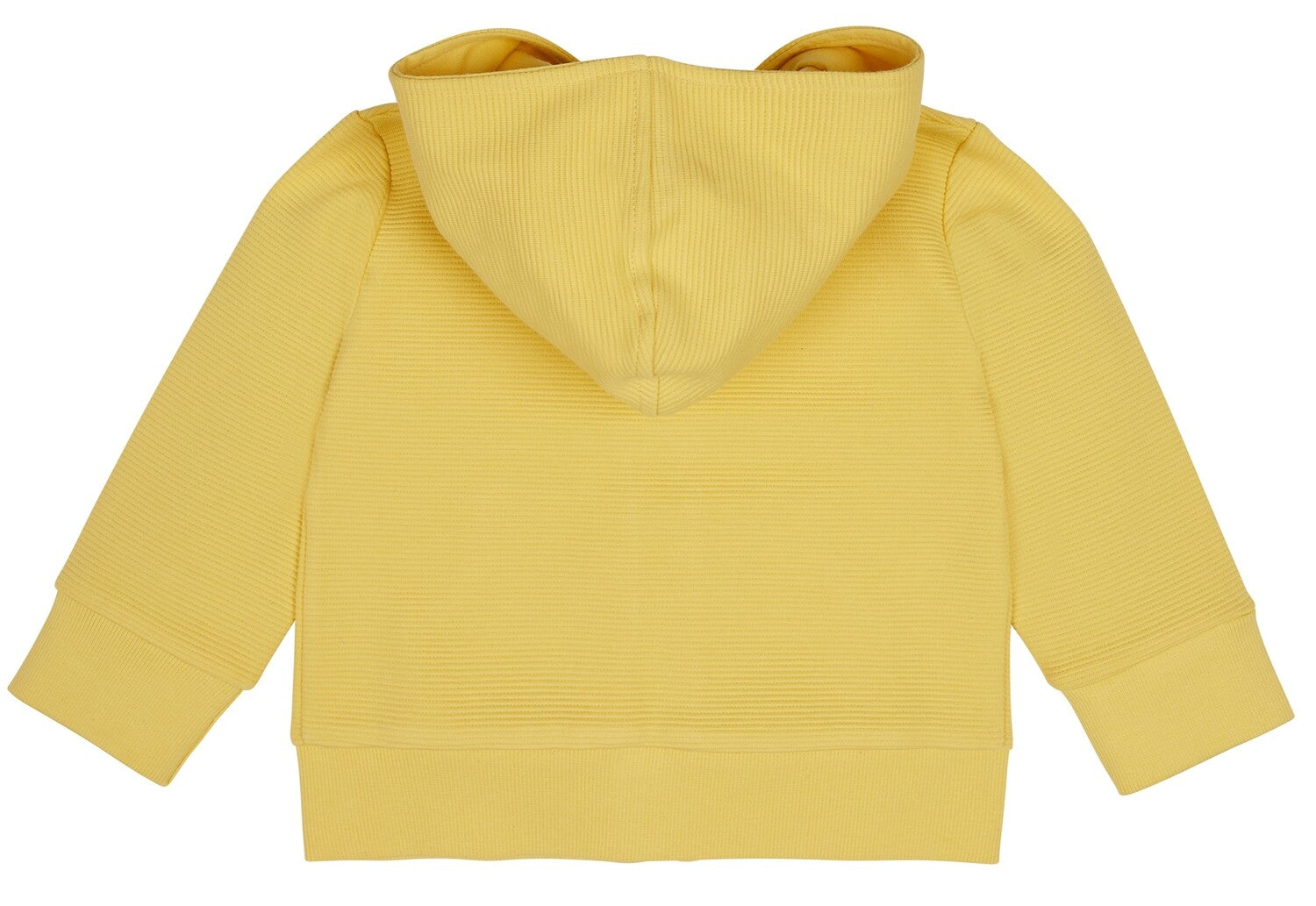Rantyto audinio vaikiškas džemperis iš GOTS organinės medvilnės, su kapišonu ir kišenėmis. Segamas užtrauktuku, turi užtrauktuko apsaugą ties kaklu. Šviesiai geltonos spalvos.