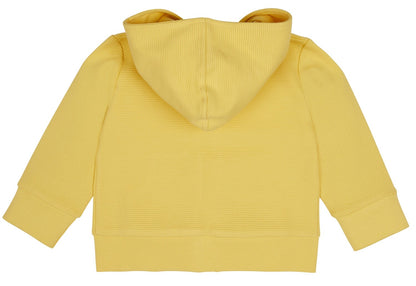 Rantyto audinio vaikiškas džemperis iš GOTS organinės medvilnės, su kapišonu ir kišenėmis. Segamas užtrauktuku, turi užtrauktuko apsaugą ties kaklu. Šviesiai geltonos spalvos.