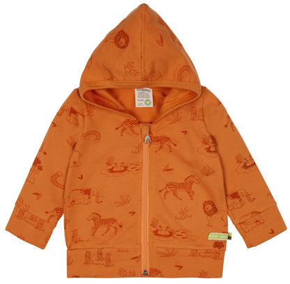 Ypatingai jaukus, lengvas ir minkštas vaikiškas GOTS organinės medvilnės džemperis su pūkeliu. Margintas žaismingu safari gyvūnų raštu. Orandžinės spalvos. 