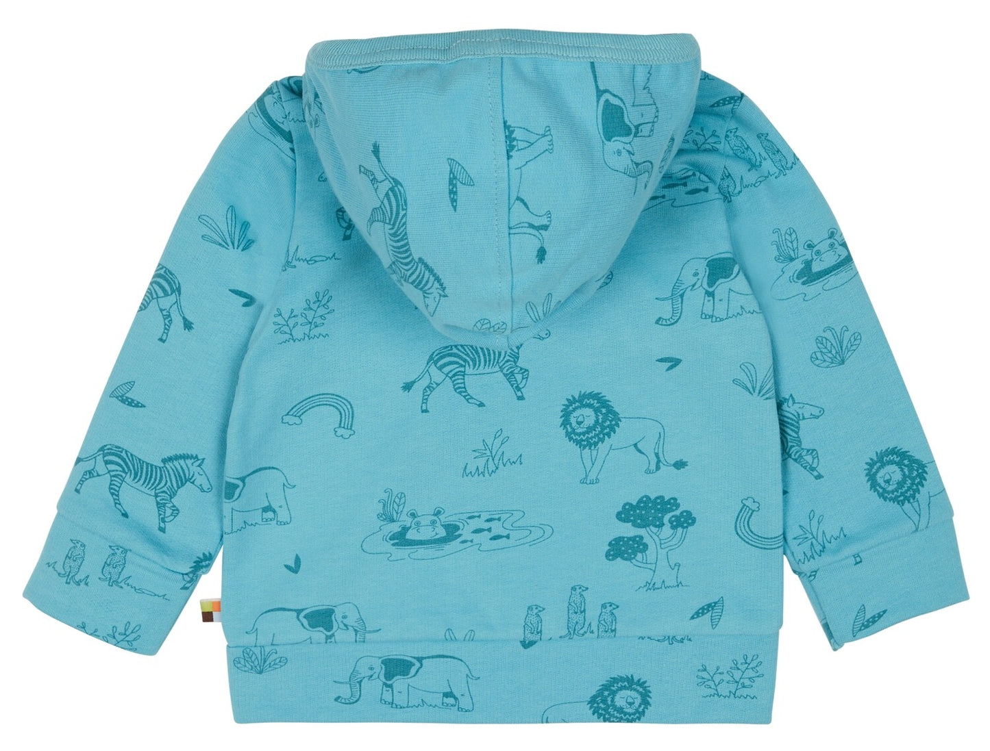 Ypatingai jaukus, lengvas ir minkštas vaikiškas GOTS organinės medvilnės džemperis su pūkeliu. Margintas žaismingu safari gyvūnų raštu. Žydros spalvos. 