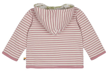 Dvipusis vaikiškas džemperis su kapišonu ir užtrauktuku. Vien pusė su žaliais zebrais, kita pusė rožiniai dryžiukai.