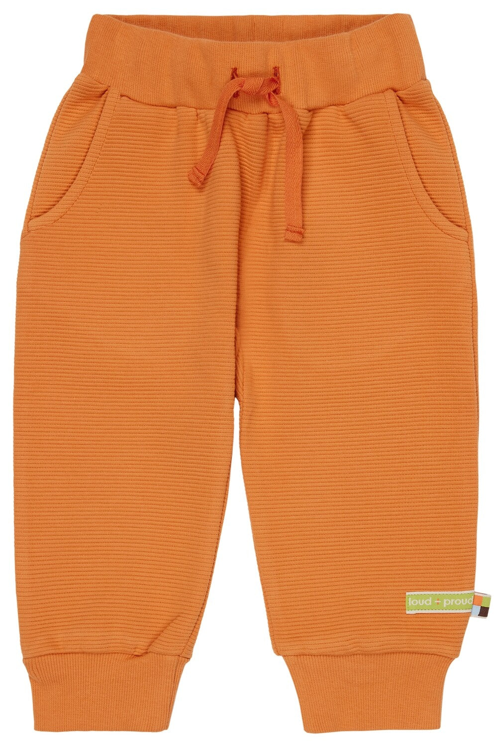 Rantuotos, judesių nevaržančios vaikiškos laisvalaikio kelnės iš švelnaus GOTS organinės medvilnės trikotažo. Orandžinės spalvos, su kišenėmis.