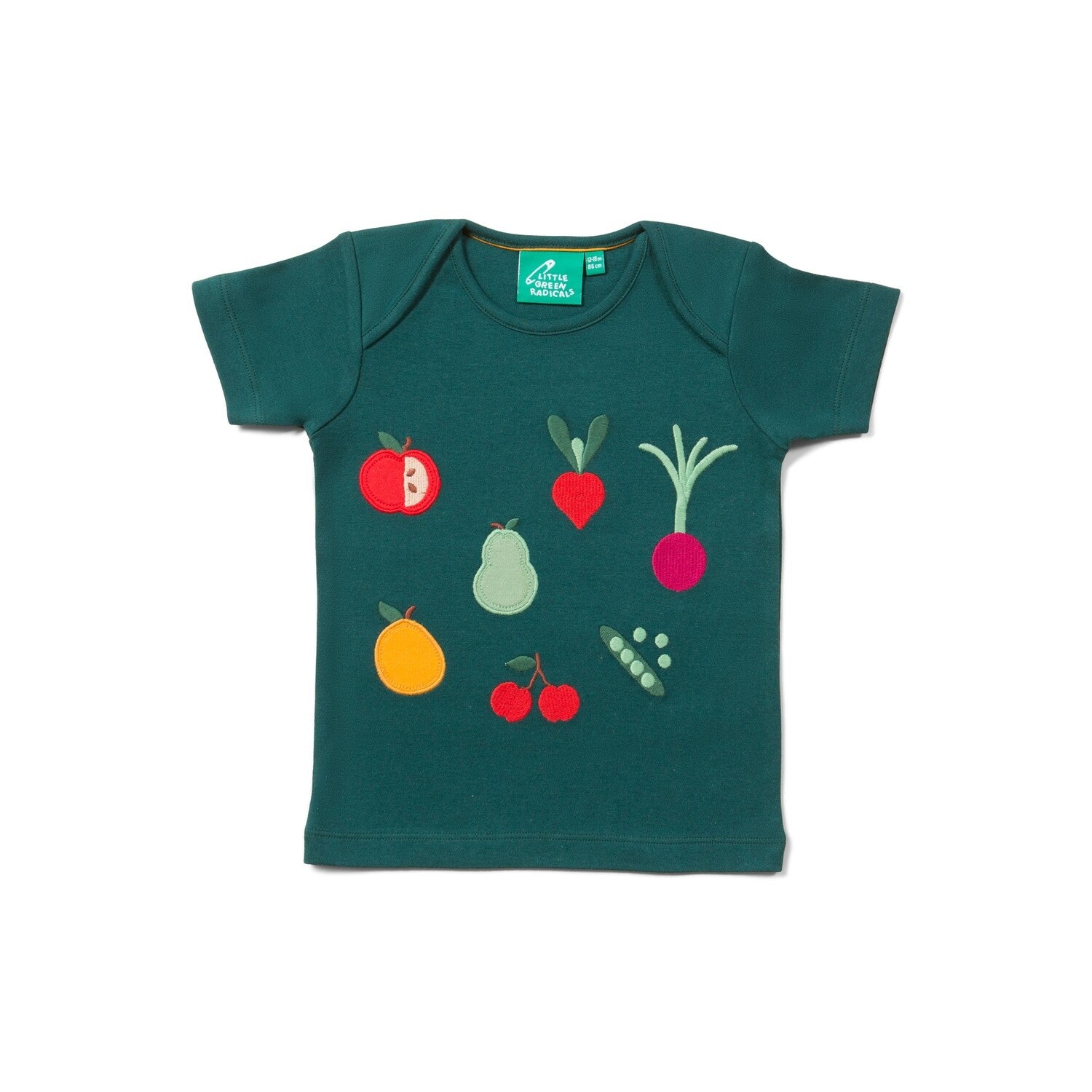 Tamsiai žali vaikiški marškinėliai trumpomis rankovėmis, siuvinėtos vaisių ir daržovių aplikacijos ant priekio. 