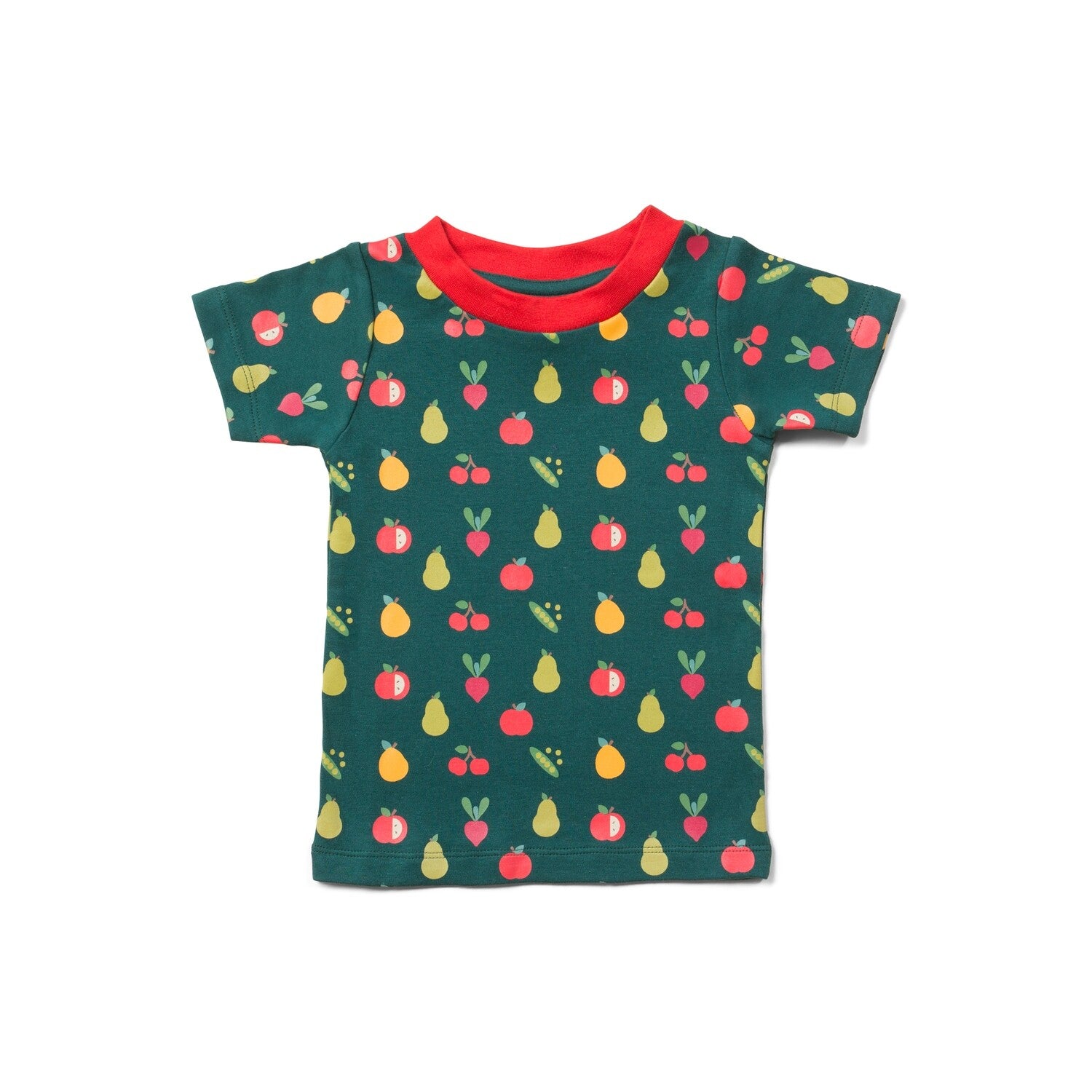 Tamsiai žali vaikiški marškinėliai trumpomis rankovėmis. Marginti vaisių ir daržovių piešinėliais.