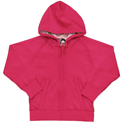 Rožinis dvipusis vaikiškas džemperis margintas fėjų raštu. Su kapišonu ir kišenėmis.