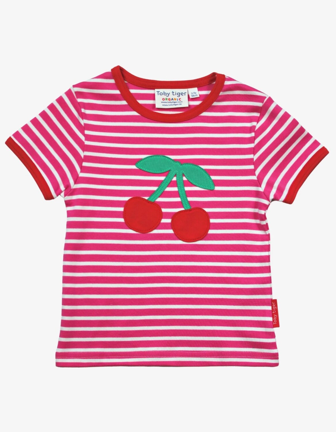 Rožiniai, dryžuoti vaikiški marškinėliai trumpomis rankovėmis, su vyšniomis