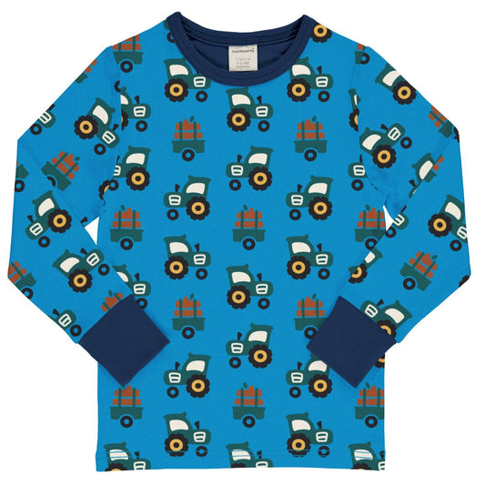Mėlyni, traktoriukas marginti vaikiški marškinėliai ilgomis rankovėmis