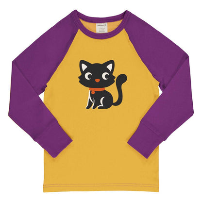 Vaikiški marškinėliai raglan, ilgomis rankovėmis. Ryškiai geltoni, su ryškiomis violetinėmis rankovėmis ir kačiuko piešinėliu. 