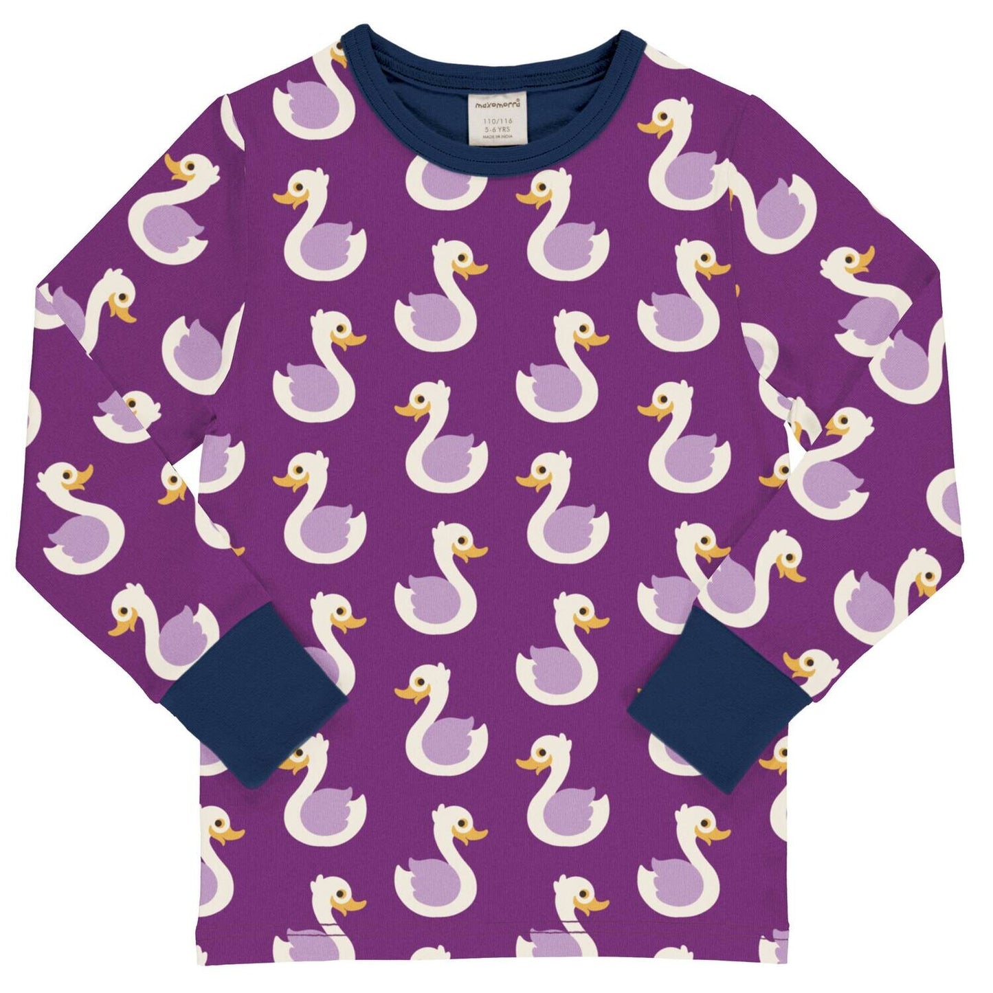 amsiai violetiniai vaikiški marškinėliai ilgomis rankovėmis iš GOTS sertifikuotos organinės medvilnės. Marginti gulbių raštu. 