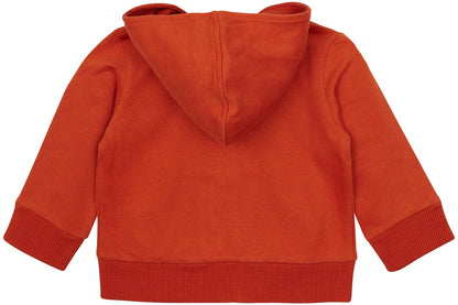 Organinės medvilnės vaikiškas džemperis su kapišonu ir kišenėmis. Tamsios plytų spalvos.