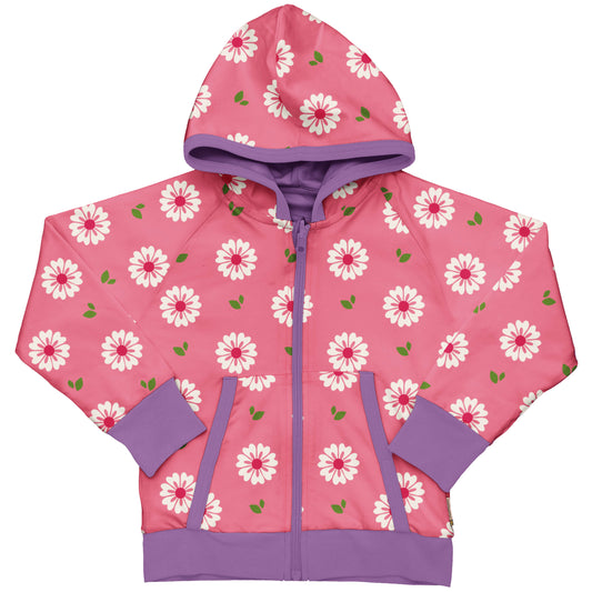 Dvipusis vaikiškas džemperis iš GOTS sertifikuotos organinės medvilnės. Viena pusė šviesiai rožinės spalvos, marginta gėlių raštu, kita - alyvinė. 